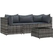 vidaXL 4-delige Loungeset met kussens poly rattan grijs