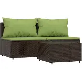 vidaXL 3-delige Loungeset met kussens poly rattan bruin