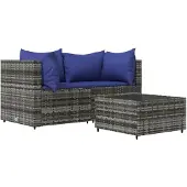 vidaXL 3-delige Loungeset met kussens poly rattan grijs
