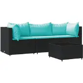 vidaXL 4-delige loungeset voor de tuin met kussens, zwart, van polyrotan