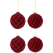J-Line kerstbal Lijnen/Geruit - fluweel - rood/goud - doos van 4