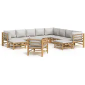 vidaXL 12-delige Loungeset met kussens bamboe lichtgrijs