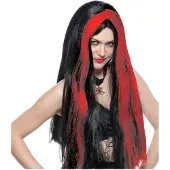 Funny fashion Halloween Funny Fashion Heksenpruik lang haar - zwart/rood - dames - Halloween - Verkleedpruiken