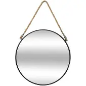 Atmosphera Spiegel/wandspiegel - rond - Dia 55 cm - metaal/glas - zwart - met jute ophangtouw
