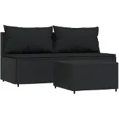 vidaXL 3-delige Loungeset met kussens poly rattan zwart