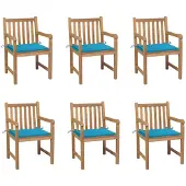 vidaXL Tuinstoelen, 6 stuks, met blauwe kussens, massief teakhout