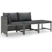 vidaXL 3-delige Loungeset met kussens poly rattan grijs