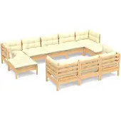 vidaXL 10-delige Loungeset met crèmekleurig kussens massief grenenhout