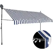 vidaXL Uitschuifbaar zonnescherm, handbediend met LED-verlichting, 350 cm, blauw en wit