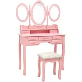 vidaXL Kaptafel met kruk en drievoudige spiegel roze