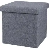 Urban Living Poef/hocker - opbergbox zit krukje - grijs - linnen/mdf - 37 x 37 cm - opvouwbaar - Poefs