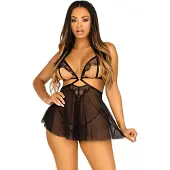 Leg avenue 2-delige babydoll van mesh en wimperkant met open cup, hartringaccent en bijpassend slipje.