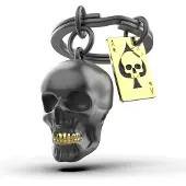 Metalmorphose sleutelhanger zwarte schedel met speelkaart - Zwart / Metaal