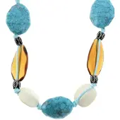 Behave Lange ketting - Turquoise en bruine kralen op touw