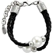 Behave - Armband - zwart imitatieleer met parel - tijdloos contrast detail