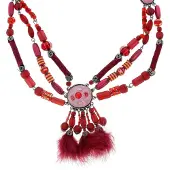 Behave - Bordeaux Ketting Met Veren Dames - Bohemian Avondstijl