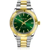 Zinzi Solaris horloge met groene wijzerplaat, stalen bicolor kast 35mm en stalen bicolor band met clip-sluiting. Het Japanse uurwerk loopt op zon- en kunstlicht ZIW2135