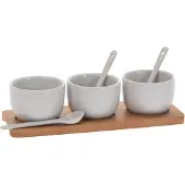 Excellent Housewares Schaaltjes - 3x - wit - porselein - op houten serveerplank - 21 cm - Amuse/tapas/saus - Kommetjes met lepeltjes