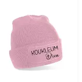 Beechfield Warme roze muts-Koukleum diva- zwarte opdruk-warme beanie met patch. Ski muts- ski vakantie outfit- warme muts- ski kleding.