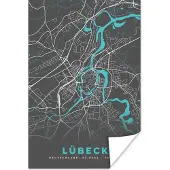 PosterMonkey Poster Blauw – Duitsland – Plattegrond – Stadskaart – Kaart – Lübeck - 60x90 cm