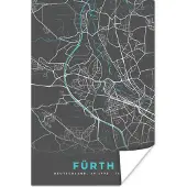 PosterMonkey Poster Stadskaart – Kaart – Fürth – Blauw – Duitsland – Plattegrond - 60x90 cm
