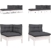 vidaXL 3-delige Loungeset met kussens massief grenenhout wit