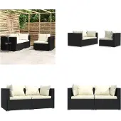 vidaXL 3-delige Loungeset met kussens poly rattan zwart