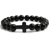 Memphis Kralen Armband met Natuursteen Kruis - Glanzend Zwart