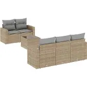 vidaXL 6-delige Loungeset met kussens poly rattan beige