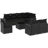 vidaXL 9-delige Loungeset met kussens poly rattan zwart