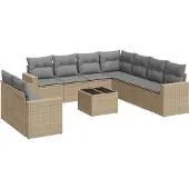 vidaXL 10-delige Loungeset met kussens poly rattan beige
