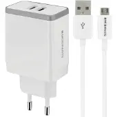 Mobiparts USB-A thuislader met 2 poorten en losse USB Micro B kabel - Smart IC - 4,8A / wit - 1 meter