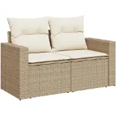 vidaXL Tuinbank met kussens, 2-zits, beige, van polyrotan