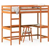 vidaXL Hoogslaper met bureau massief grenenhout wasbruin 90x200 cm