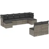 vidaXL 9-delige tuinmeubelset met kussens, grijs, polyrotan