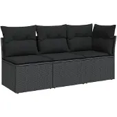 vidaXL Tuinbank met kussens 3-zits zwart poly rattan