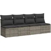 vidaXL Tuinbank 4-zits met kussens poly rattan grijs