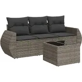 vidaXL 4-delige loungeset voor de tuin met kussens, grijs, polyrotan