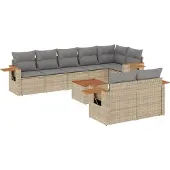 vidaXL 9-delige tuinmeubelset met kussens, beige, van polyrotan