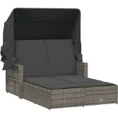vidaXL Ligbed 2-persoons met luifel en kussens poly rattan grijs