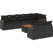 vidaXL 9-delige tuinmeubelset met kussens, zwart, polyrotan