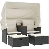vidaXL - Tuinbank - 2-zits - met - luifel - en - voetenbanken - poly - rattan - zwart