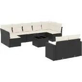 vidaXL 10-delige loungeset voor de tuin met kussens, zwart, polyrotan