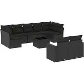 vidaXL 10-delige Loungeset met kussens poly rattan zwart