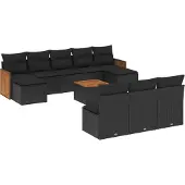 vidaXL 11-delige tuinmeubelset met kussens, zwart, polyrotan