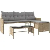 vidaXL Tuinset in L-vorm met tafel en kussens, beige, van polyrotan