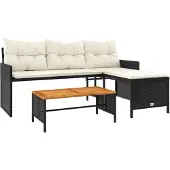 vidaXL Tuinset met L-vormige bank, tafel en kussens, zwart, van polyrotan