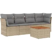 vidaXL 5-delige tuinmeubelset met kussens, beige, van polyrotan