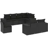 vidaXL 8-delige tuinmeubelset met kussens, zwart, polyrotan