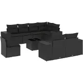 vidaXL 9-delige tuinmeubelset met kussens, zwart, polyrotan